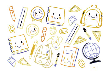 Back to School Essentials: Whimsical illustration of essential school supplies, each item imbued with a friendly, animated character, sparking joy and enthusiasm for education.