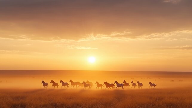 Dynamic movement of a herd of zebras galloping across the savannah, illuminated by the golden hues of sunlight - Powered by Adobe