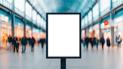 Blank mock up of vertical poster billboard sign in modern shopping mall on transparent backgrounds. PNG