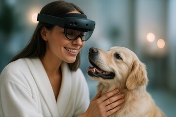 Woman Using Augmented Reality Device While Playing with Golden Retriever Indoors