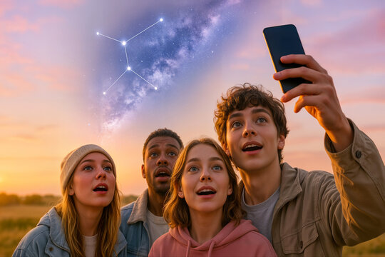 Augmented Reality Stargazing with Young Adults at Sunrise in the Countryside Capturing Constellations on Smartphone - Powered by Adobe