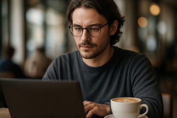 Young Man with Glasses Using Laptop in a Cozy Cafe Setting with Warm Lighting and Relaxed Ambiance