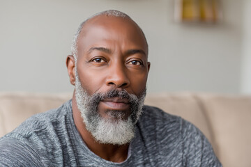 Serious and thoughtful senior African American man with a grey beard looking at the camera at home