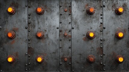 Gritty industrial metal panel background with glowing orange rivets and weathered texture, evoking a powerful, rugged aesthetic