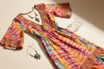 Naklejka premium A vibrant tiedye dress is artfully displayed with bohemian necklaces, showcasing a vintageinspired fashion statement with colorful patterns and ethnic flair