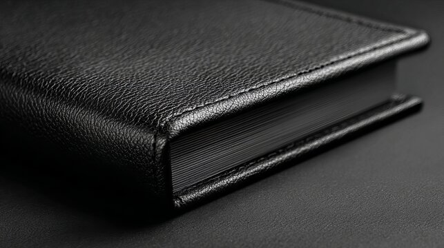 Elegant black leather bound book with textured cover and sharp page edges, exuding sophistication and premium quality for discerning buyers.
