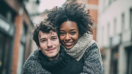 portrait of young man giving piggyback ride to african woman happy boyfriend and smiling girlfriend wearing sweater and wool scarf looking at camera multiethnic couple having fun in street in winter