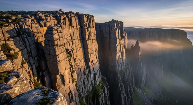 Majestic Dolerite Sea Cliffs Catching Golden Sunrise Above the Clouds