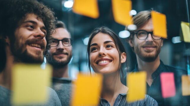 creative group of business people brainstorming putting sticky notes on glass wall in office no logos no brands ar 169