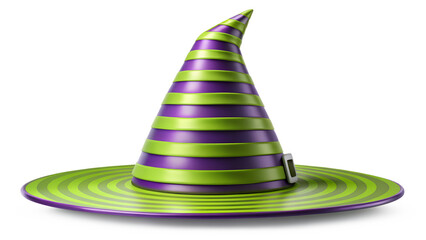 A purple and green striped witch hat with a buckle, isolated on transparent background