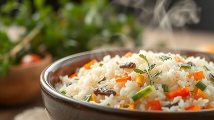 A ceramic bowl overflowing with aromatic rice and seasonal vegetables, steam rising with rustic herbs in soft focus.