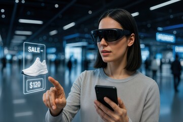 Futuristic Augmented Reality Shopping with Woman Using AR Glasses and Smartphone in Modern Retail Environment