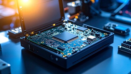 Close-up of a blue computer motherboard featuring a central microprocessor surrounded by integrated circuits, capacitors, and glowing circuitry lines.