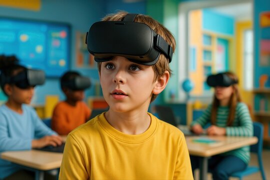 Futuristic VR Classroom with Children Engaged in Virtual Learning Experience