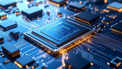 Close-up of a blue computer motherboard featuring a central microprocessor surrounded by integrated circuits, capacitors, and glowing circuitry lines.
