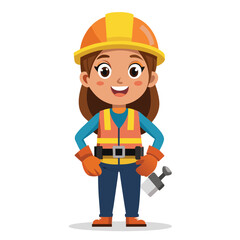 Friendly Female Construction Worker Cartoon Character Welcoming with a Wave Confidently Wearing a Safety Helmet and Gear Ready for Work