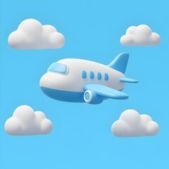 Naklejka premium Cute 3D cartoon airplane flying through blue sky with fluffy white clouds, perfect for travel and aviation themes.