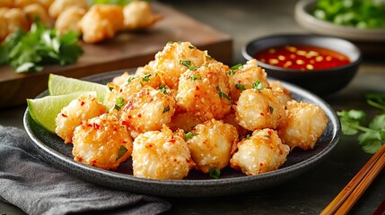 Fototapeta premium Crispy crab rangoon bites garnished with herbs and chili flakes, served with lime wedges and sweet chili sauce. Popular appetizer for National Crab Rangoon Day