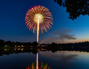 Spectacular Fireworks Display Over Still Waters: A vibrant fireworks display explodes in a kaleidoscope of colors, illuminating the serene twilight sky above a tranquil lake.