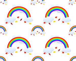 Seamless isolated repeating rainbow pattern with clouds, raindrops and autumn leaves on white background. Ideal for wallpapers, backgrounds, textiles, packaging and paper. Vector illustration.