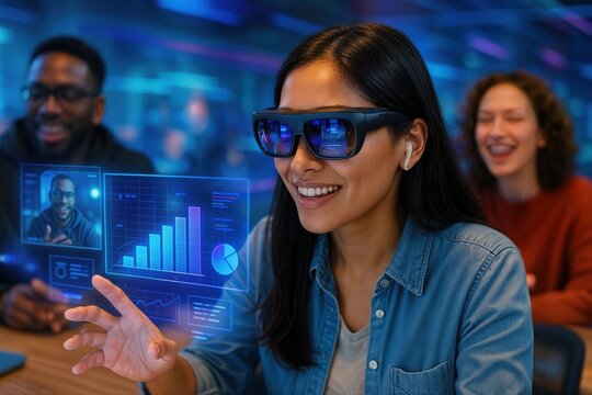 Holographic Technology Used by Diverse Team for Dynamic Brainstorming Session in Modern Office Setting