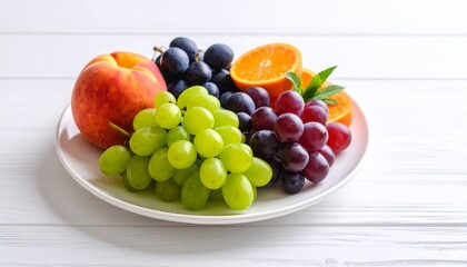 Assorted fresh fruits—peach, grapes, and halved orange—arranged on a white plate atop a white wooden surface, emphasizing color, health, and natural variety.
