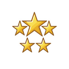 Golden five-star rating icon. Set of 5 bright shiny stars representing top quality. Symbol for rating and reviewing a product or service on a white background