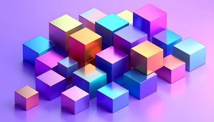 Fototapeta premium Iridescent Metallic Cubes on Purple Background: Abstract 3D Render