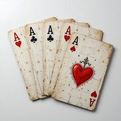 Set of four aces deck of cards for playing poker and casino on a white background in grunge style. Spades, diamonds, clubs and hearts. Vector illustration.