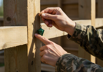 Construction Worker Using a Plumb Bob to Check a Wooden Frame

