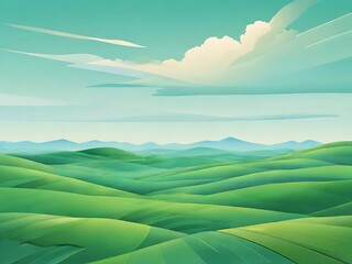 Obraz premium Rolling green hills meet distant mountains under a sky with scattered clouds, painting a serene and picturesque landscape