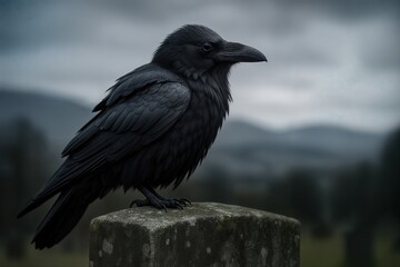 Fototapeta premium Majestic Raven Perched on a Mossy Tombstone in a Misty Cemetery Landscape