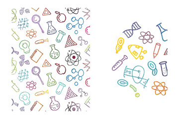 Scientific doodles: A colorful and vibrant pattern of hand-drawn scientific elements, perfect for educational purposes. The elements are scattered across a seamless design.