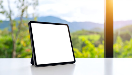 Tablet displays blank screen on white table with blurred mountain view through window, creating a serene and modern workspace atmosphere.