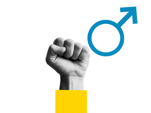 Black and white hand gender male symbol. Mars sign in hand. Modern collage style. Illustration on transparent background