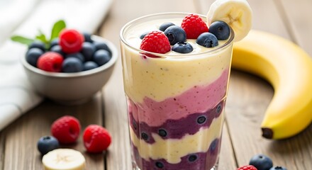 Layered smoothie with banana slice raspberries and blueberries on a wooden surface in a glass cup