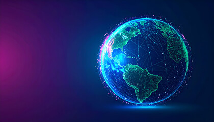 Fototapeta premium A glowing digital representation of planet Earth with interconnected nodes, symbolizing global networks, data, and communication technology.