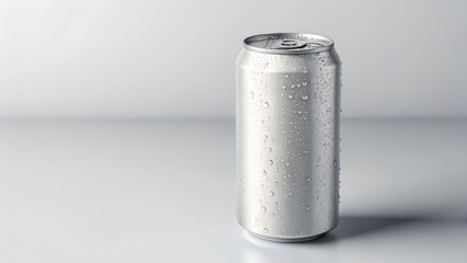 A sleek silver aluminum soda can with condensation on a reflective surface