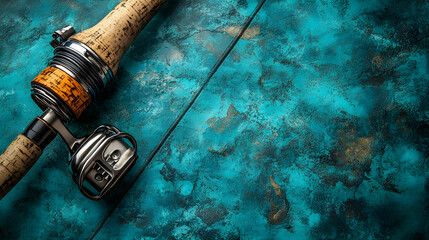 fishing rod with reel and bait box on faded teal background
