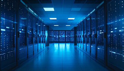 Servers glow in a data center, showcasing the complex network infrastructure and powerful computing capabilities in a cool, futuristic ambiance.