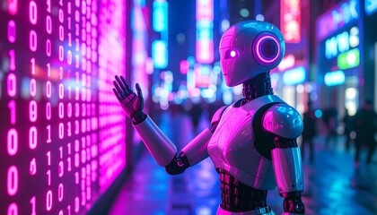 Futuristic robot interacts with digital wall in a vibrant city