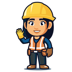 Friendly Female Construction Worker Cartoon Character Welcoming with a Wave Confidently Wearing a Safety Helmet and Gear Ready for Work