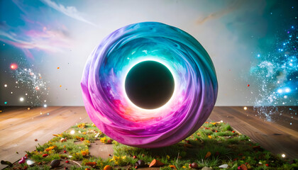 Abstract swirling sphere glows with vibrant colors on a patch of grass in a surreal and dreamlike environment, creating a sense of wonder and mystery.