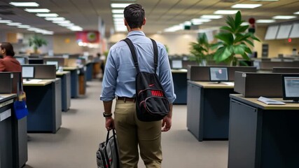 Professional Man Walking in Modern Office with Briefcase and Backpack, Business Environment, Work Ethos