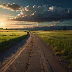 Naklejka premium A dirt road stretches through a golden field towards the setting sun, creating a peaceful rural landscape with distant mountains