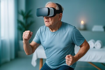 Senior Man Engaging in Virtual Reality Fitness Workout Indoors