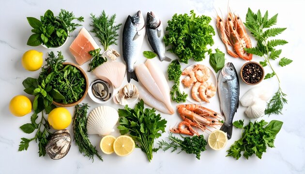 Colorful assortment of fresh fish, vegetables, fruits, and spices arranged on a rustic wooden surface. - Powered by Adobe