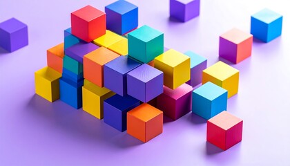 Obraz premium Colorful Cubes Stacked on Lavender Background, Abstract Geometric Composition, Playful Arrangement, Bright Tones, Modern Design