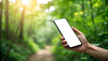 Person holding a smartphone with a blank screen in a lush green forest