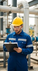 Fototapeta premium Man in blue jumpsuit and yellow hard hat holding clipboard in front of industrial pipes outdoors